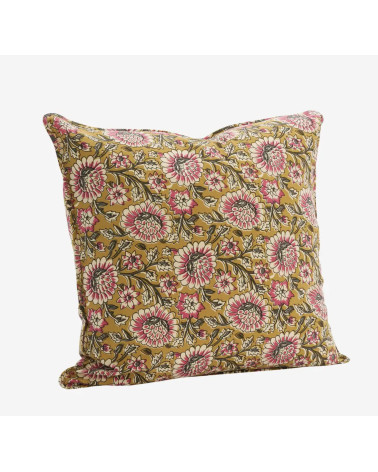 Housse de coussin fleurs indiennes moutarde et rose