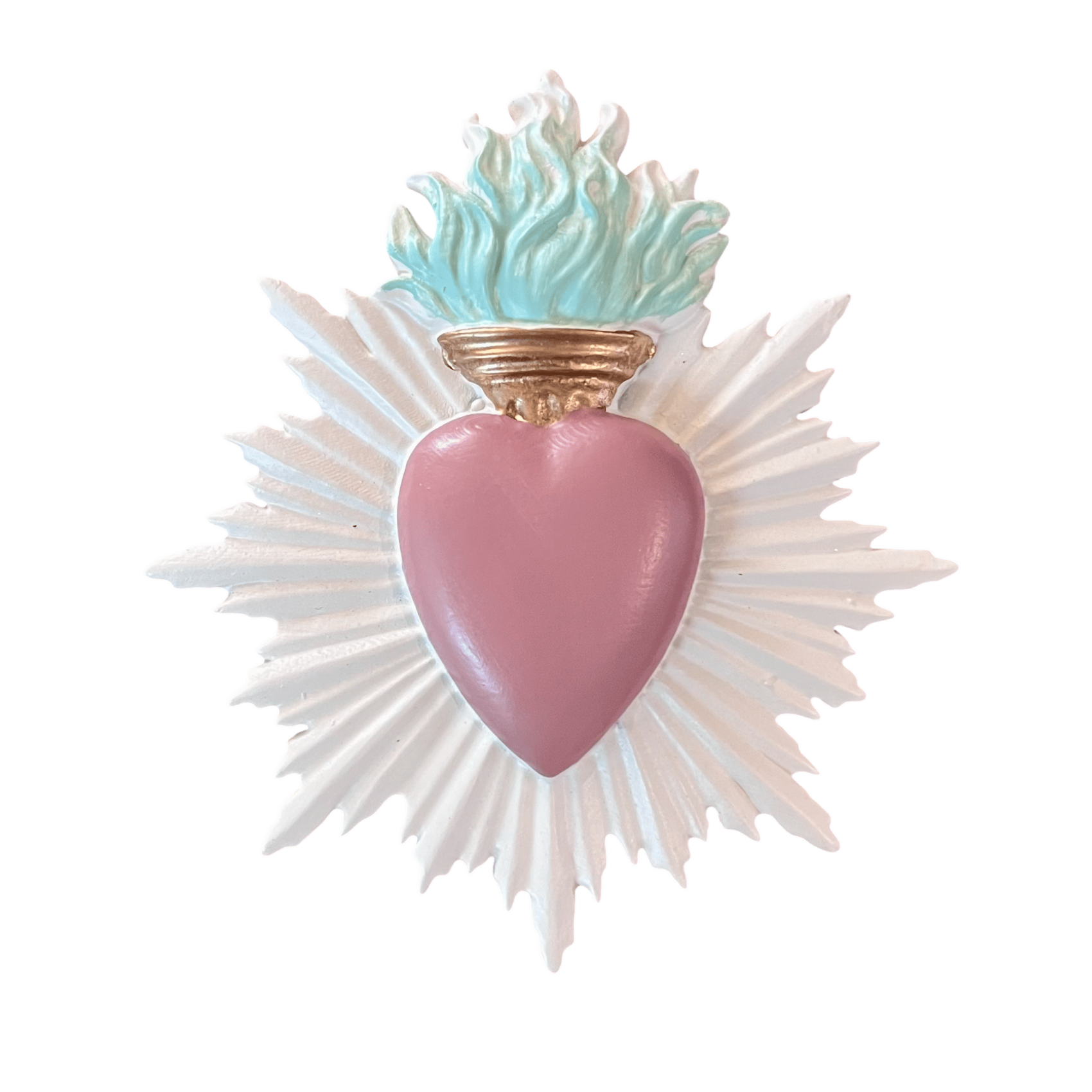 Ex-voto en forme de cœur sacré en résine vieux rose avec flamme turquoise et rayons blancs.