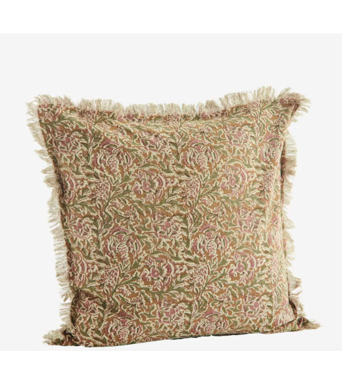 housse de coussin bohème à franges imprimé floral ocre rose vert 50x50