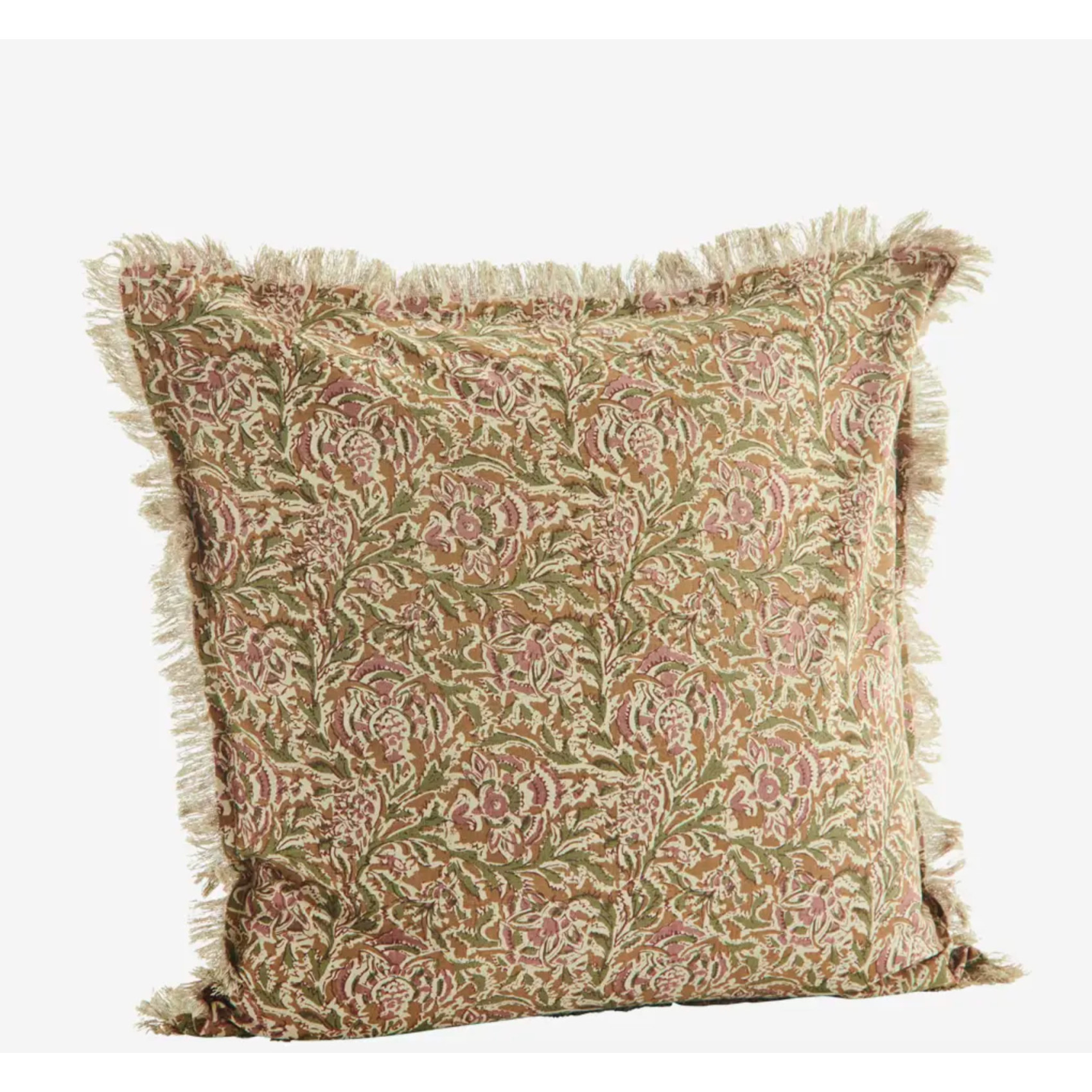 housse de coussin bohème à franges imprimé floral ocre rose vert 50x50