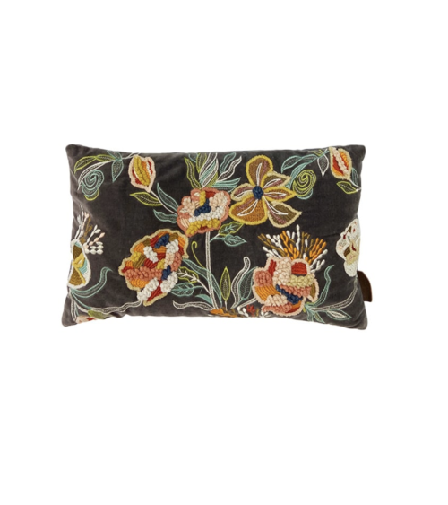 housse de coussin velours anthracite brode main motifs floraux 30x50