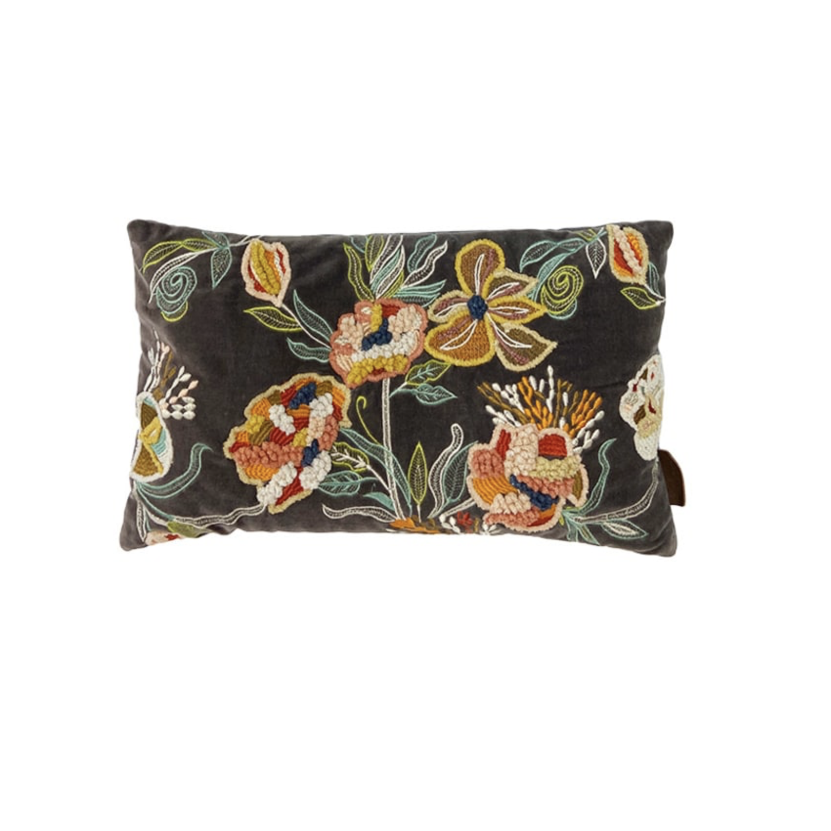 housse de coussin velours anthracite brode main motifs floraux 30x50