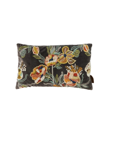housse de coussin velours anthracite brode main motifs floraux 30x50