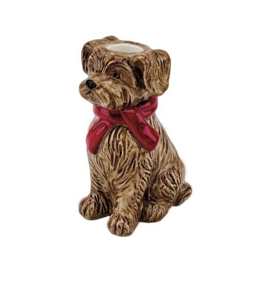 bougeoir chien en faience marron avec foulard rouge decoration originale