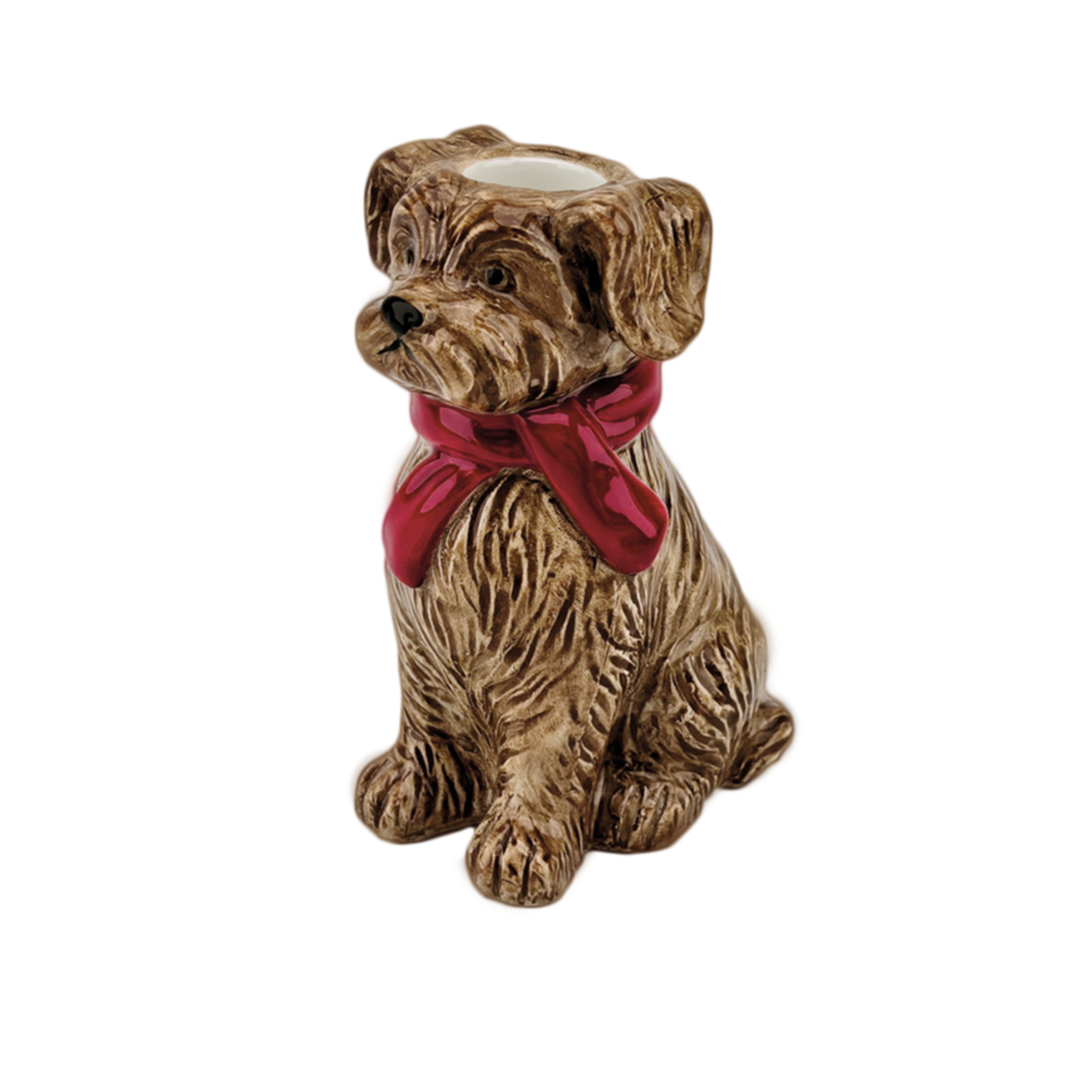 bougeoir chien en faience marron avec foulard rouge decoration originale