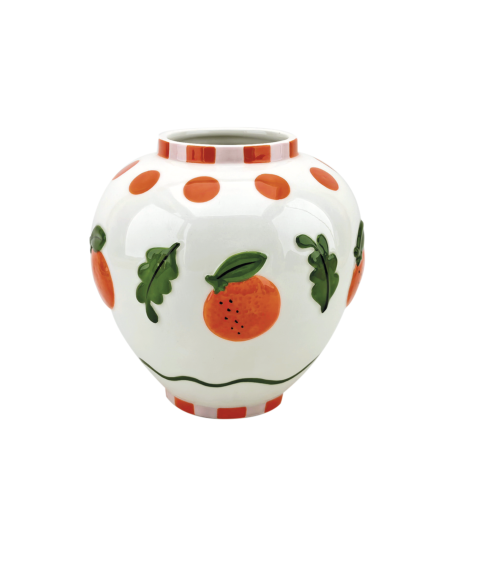 vase en faience blanc motif orange decoration retro originale
