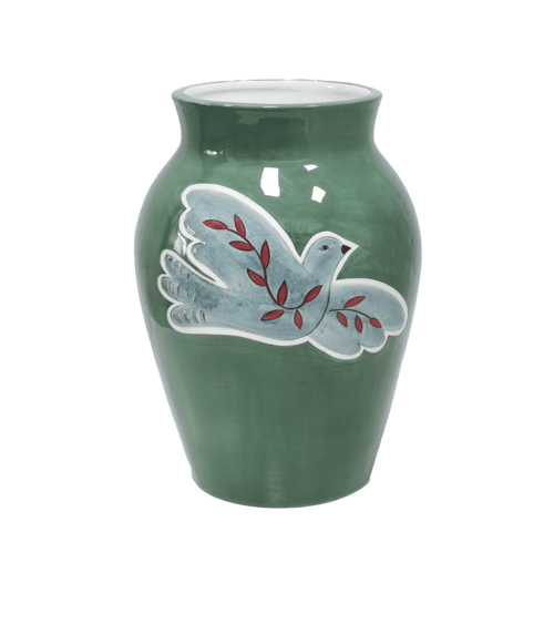vase en faience vert decor colombe bleu style artisanal decoration interieur