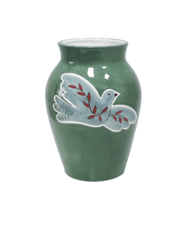 Vase en faïence décor colombe bleu et vert style artisanal