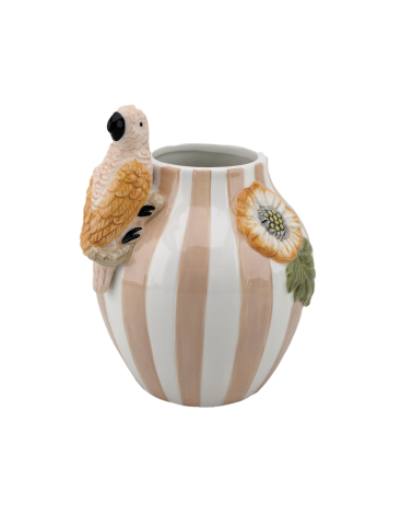 Vase rayé rose avec oiseau en relief – décoration poétique en faïence