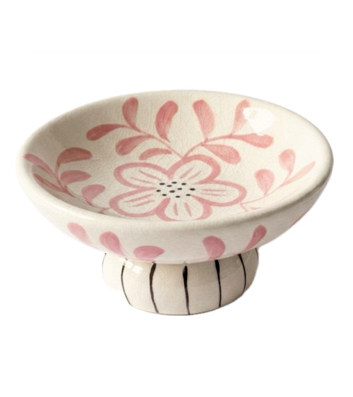 Vide-poche en céramique sur pied décor floral peint main. Coupelle élégante, style bohème et antique.