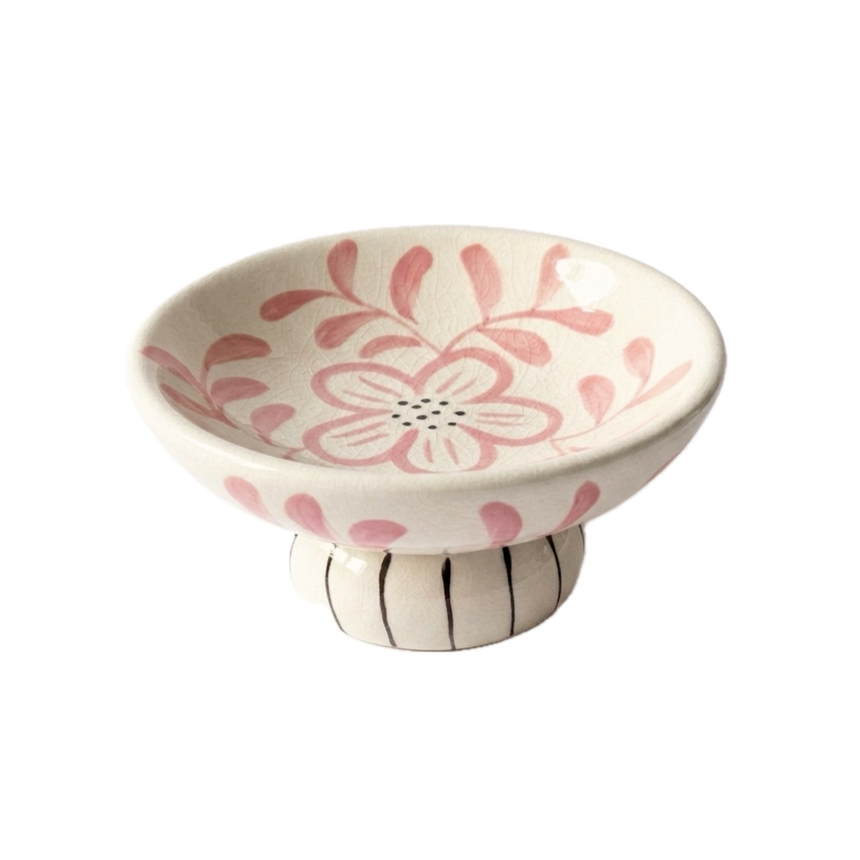 Vide-poche en céramique sur pied décor floral peint main. Coupelle élégante, style bohème et antique.