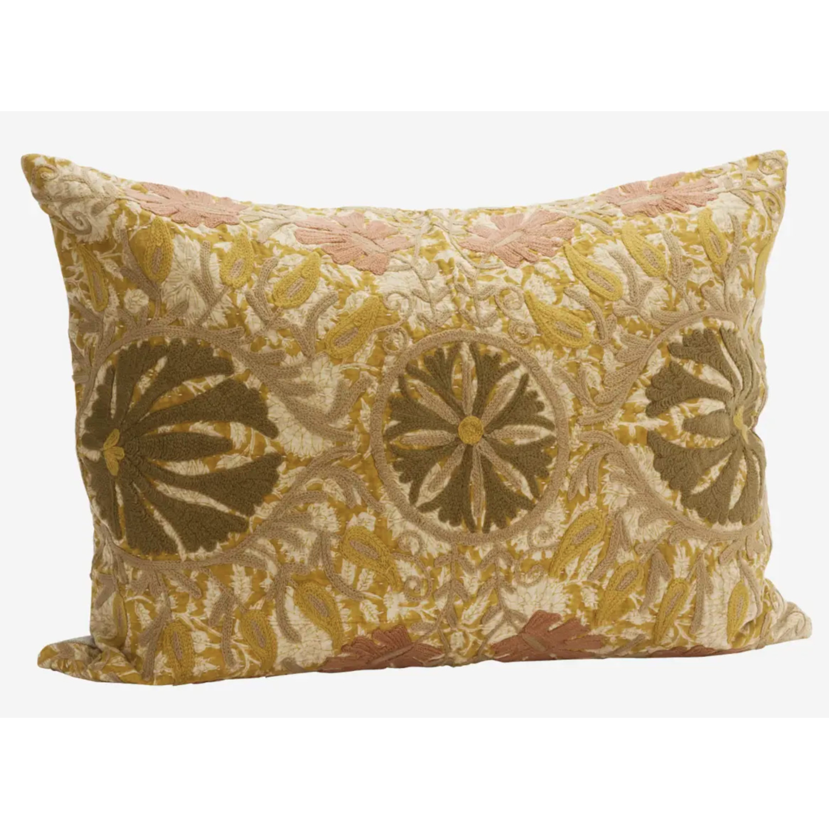 housse de coussin brodée suzani ocre terracotta motif floral