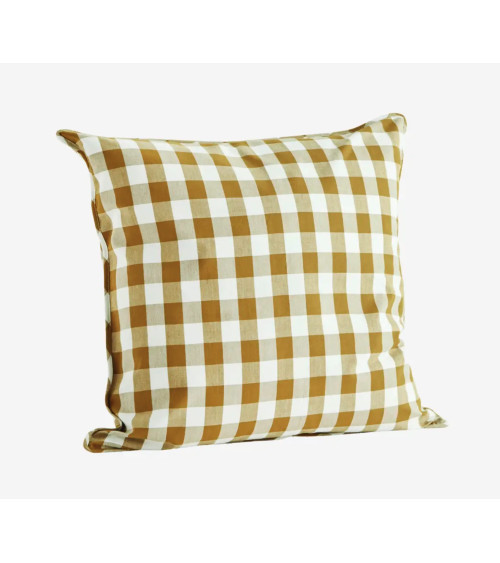 Housse de coussin vichy moutarde et écru en coton 50x50 cm
