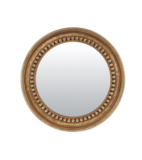 Miroir rond doré patiné avec contour perlé décoration murale chic