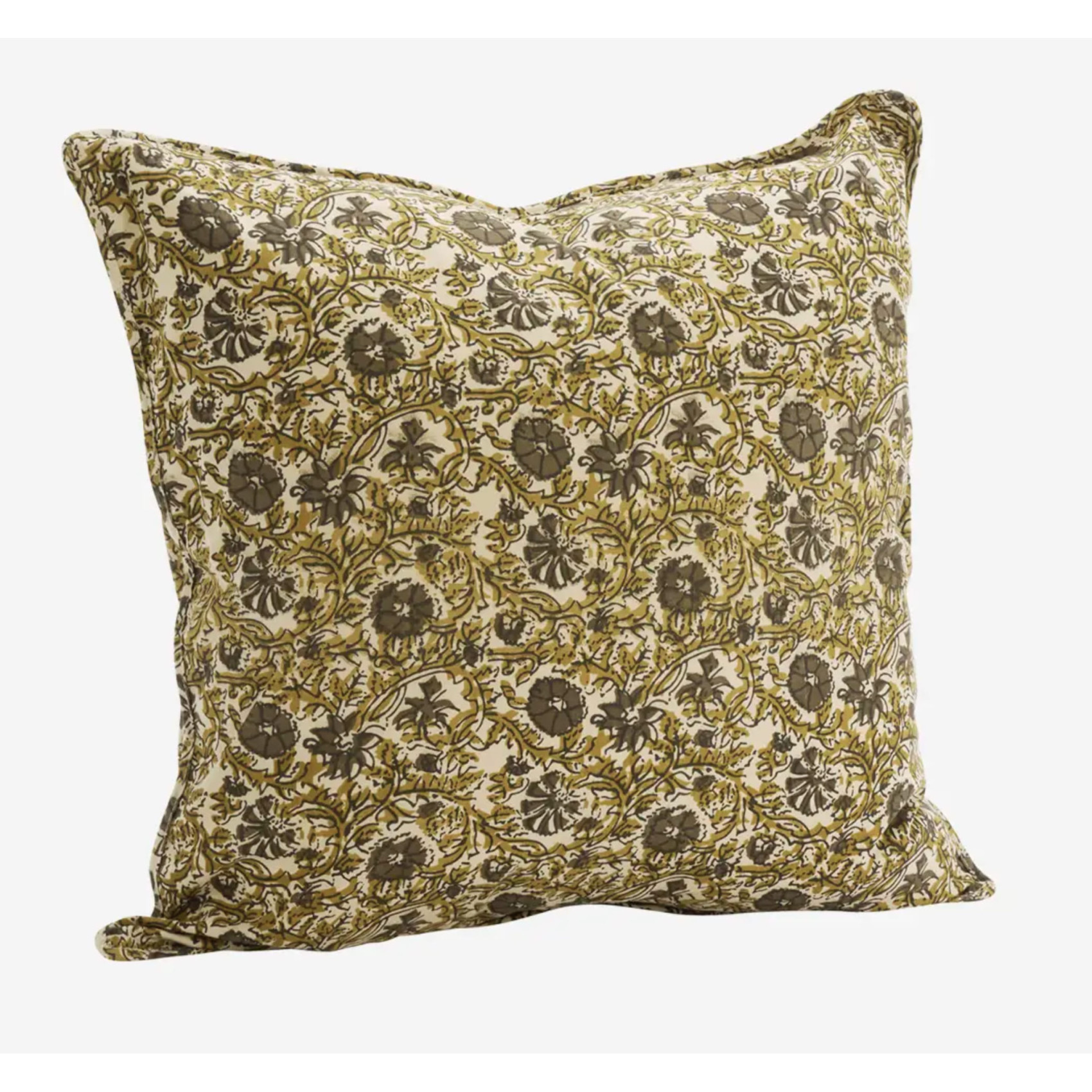 Housse de coussin imprimé floral bohème jaune moutarde et brun sur fond clair