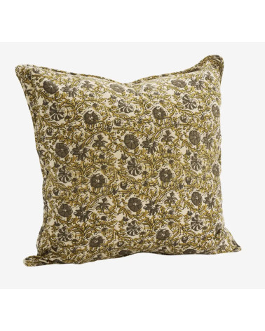 Housse de coussin imprimé floral bohème jaune moutarde et brun sur fond clair