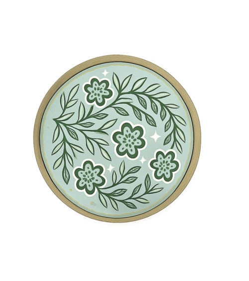 Assiette décorative fleur verte en verre avec finitions dorées style bohème chic