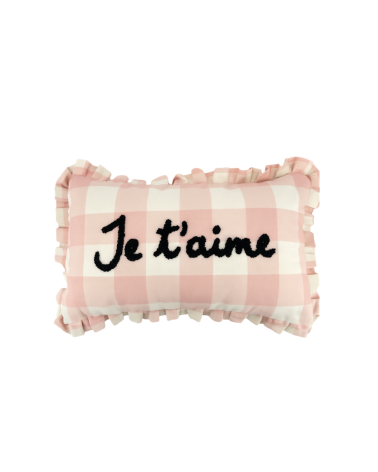 Coussin vichy brodé Je t’aime 30x50 cm style campagne chic
