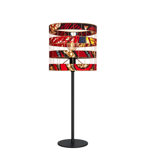 Abat-jour en wax rouge artisanal sur pied noir style ethnique chic