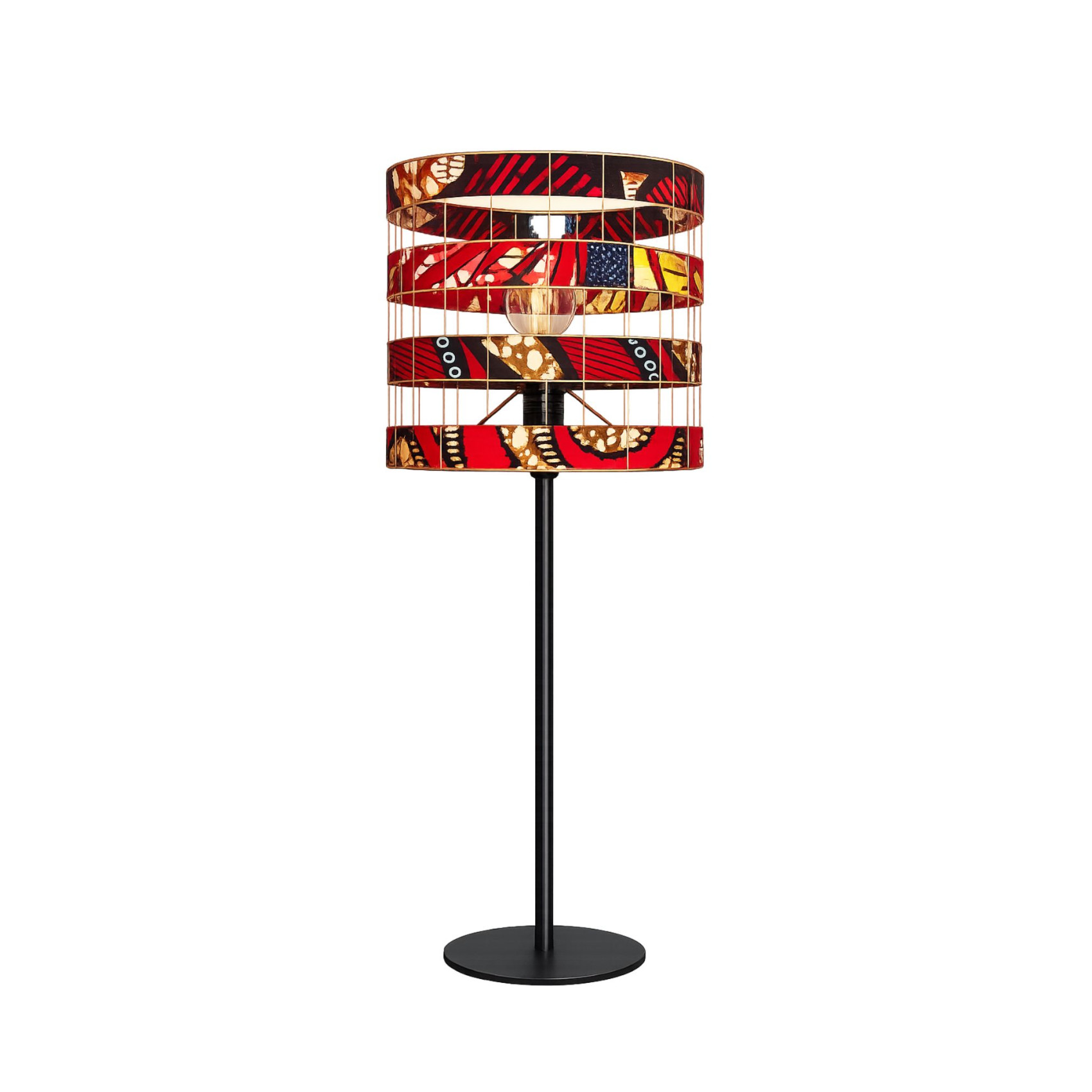 Abat-jour en wax rouge artisanal sur pied noir style ethnique chic