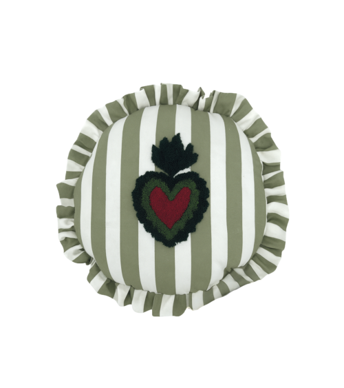 Coussin rond kaki à rayures avec volant