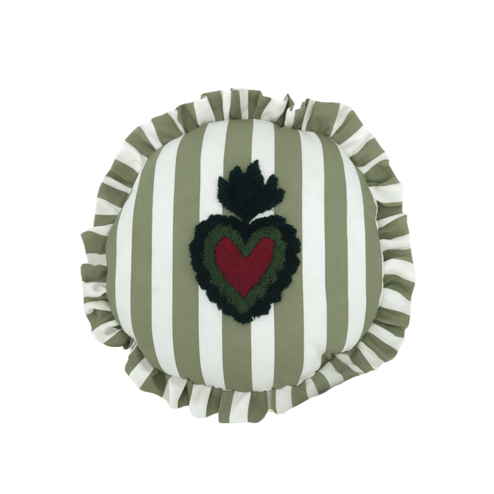 Coussin rond kaki à rayures avec volant