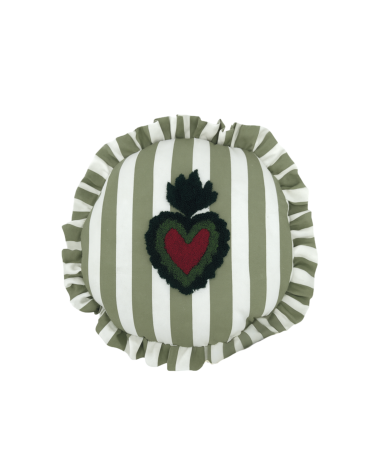 Coussin rond kaki à rayures – Coussin bohème chic avec volant