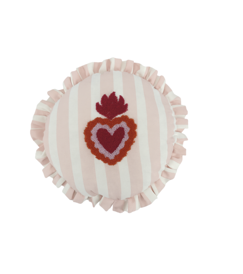 Coussin rond rose à rayures avec volant