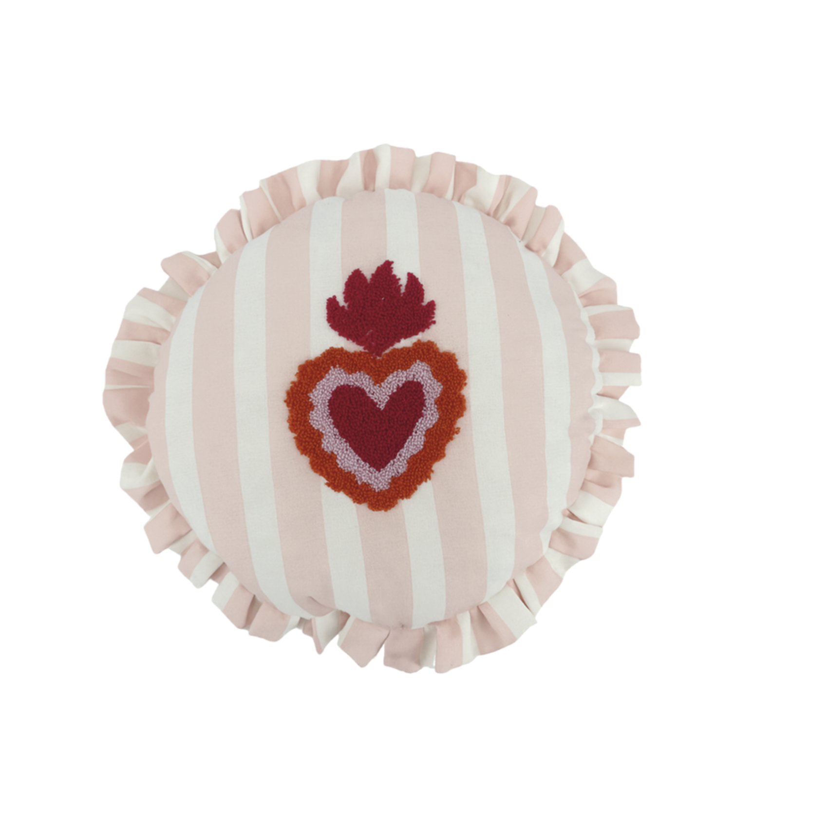 Coussin rond rose à rayures avec volant