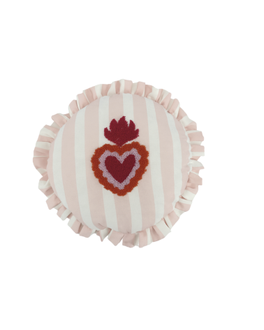 Coussin rond rose à rayures avec volant