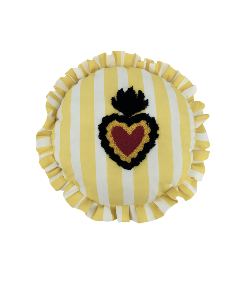 Coussin rond jaune à rayures avec volant