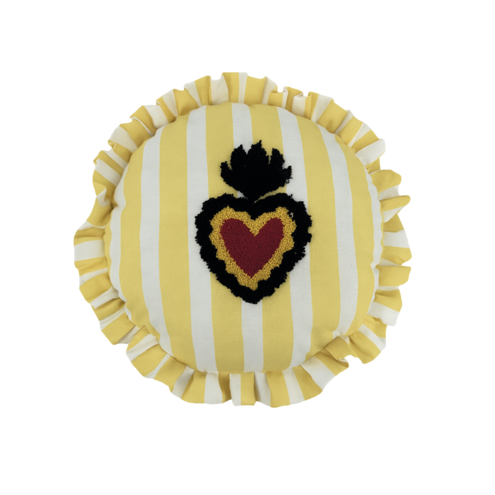 Coussin rond jaune à rayures avec volant