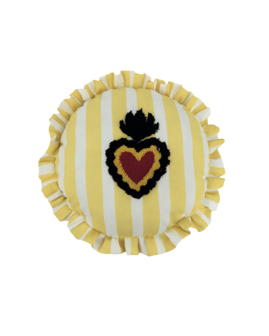 Coussin rond jaune à rayures avec volant