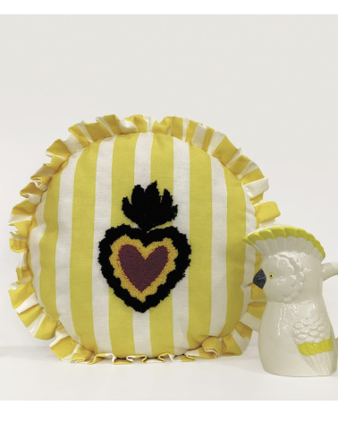 copy of Coussin rond kaki à rayures – Coussin bohème chic avec volant