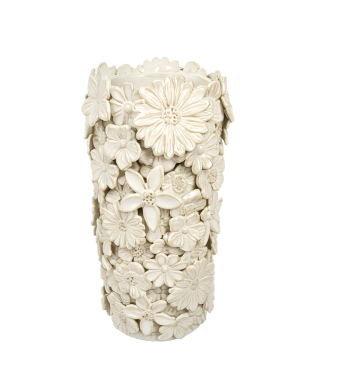 Vase floral blanc en céramique avec fleurs en relief style bohème chic