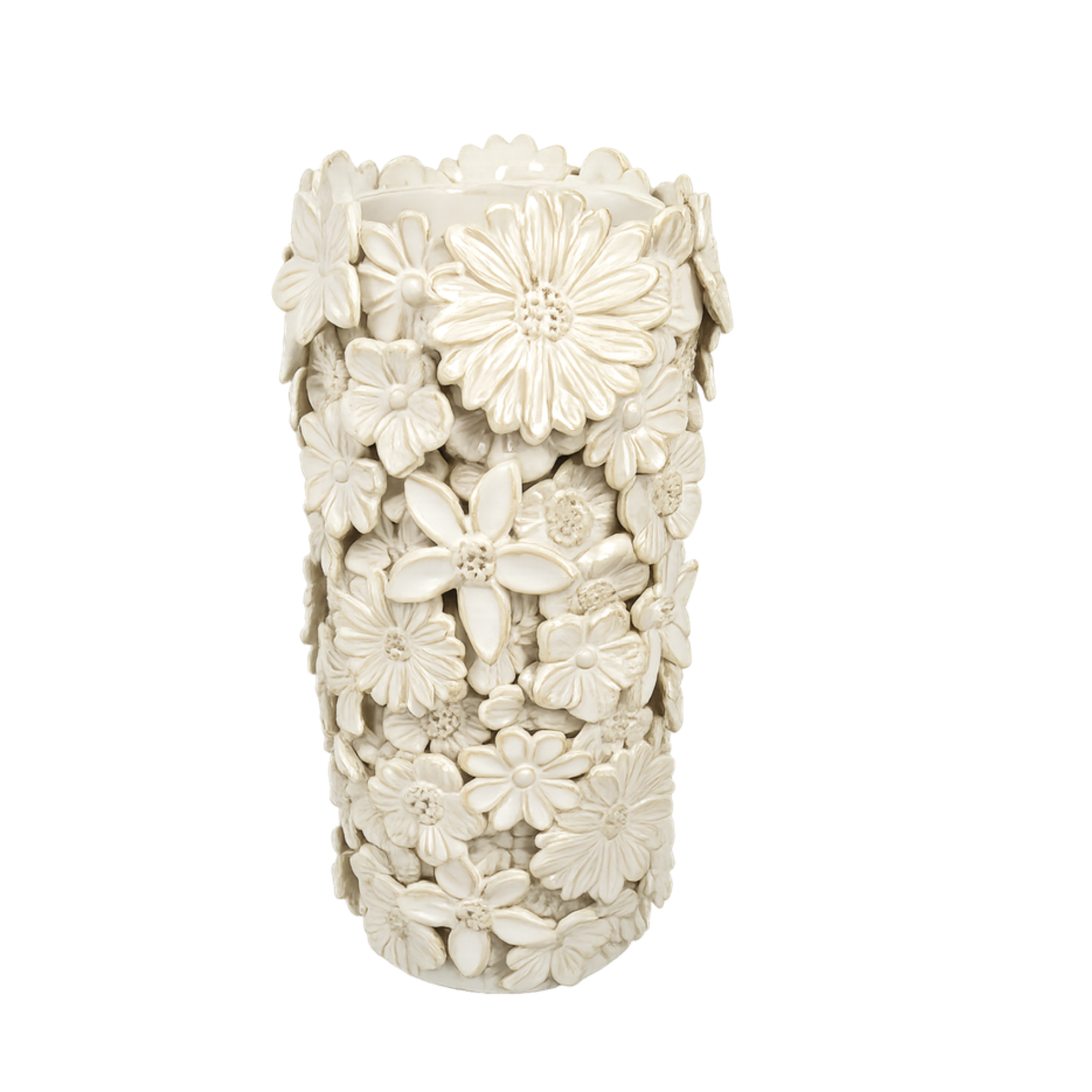 Vase floral blanc en céramique avec fleurs en relief style bohème chic