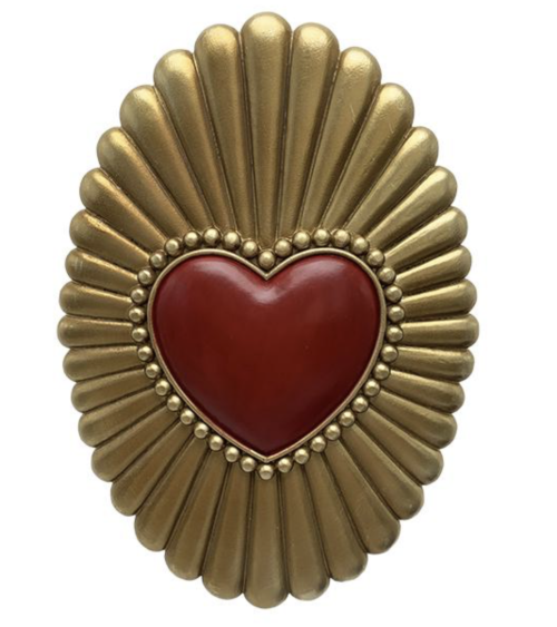 Déco murale ovale dorée avec cœur rouge style ex-voto bohème chic 12,5 x 18 cm