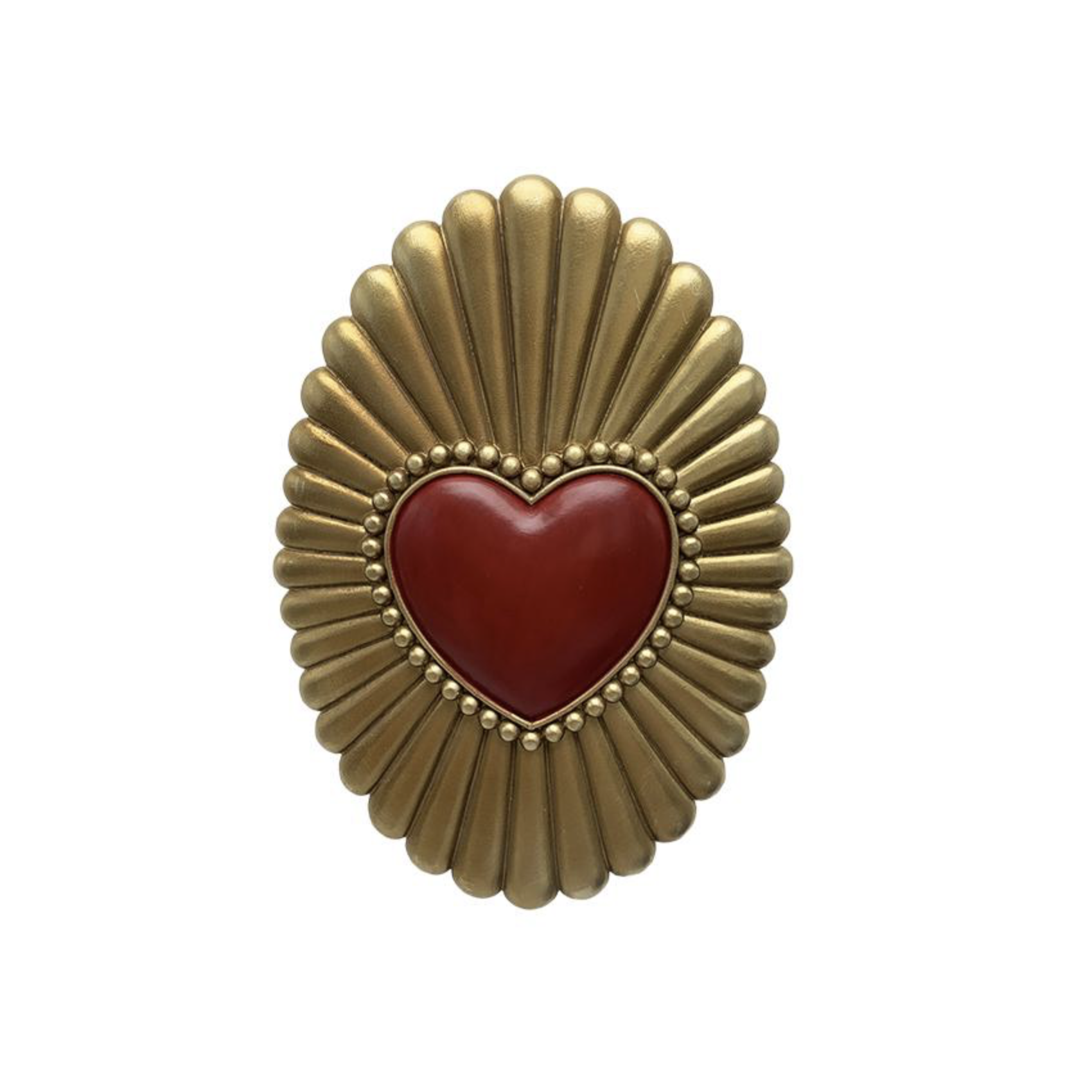 Déco murale ovale dorée avec cœur rouge style ex-voto bohème chic 12,5 x 18 cm