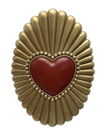 Déco murale ovale cœur rouge doré – Ex-voto mural bohème chic 12,5 x 18 cm
