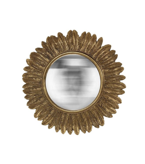 Miroir soleil convexe doré avec contours plume style vintage bohème chic