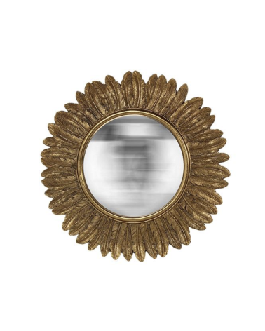 Miroir soleil convexe doré contours plume – Miroir mural vintage bohème 33 cm