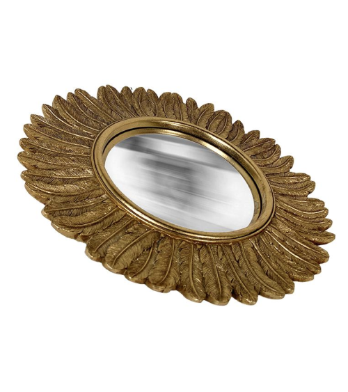 Vue de profil miroir convexe doré contours plume style miroir de sorcière