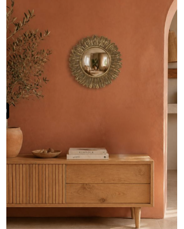 Miroir soleil convexe doré plume – miroir mural bohème 33 cm