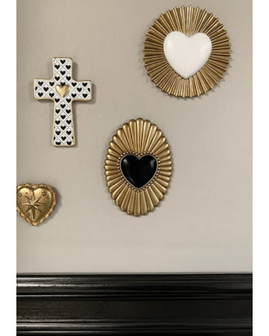 Décoration murale cœur noir doré – ex-voto ovale bohème chic 18 cm