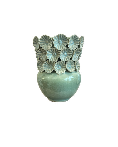 Vase vert en céramique relief fleurs – Vase décoratif bohème chic H20,5 cm
