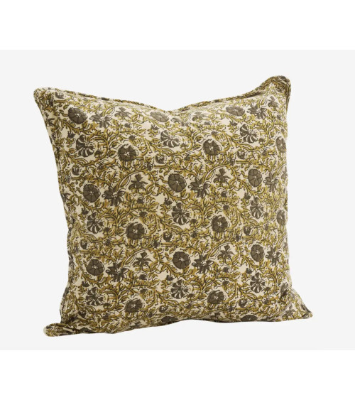 Housse de coussin floral beige et kaki style bohème chic en coton 50x50 cm