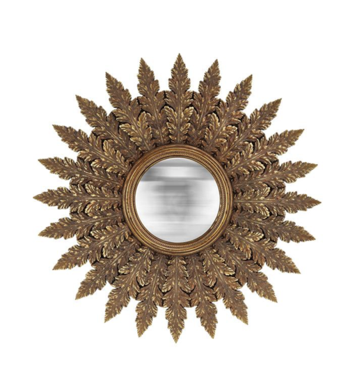 Miroir convexe soleil doré décoratif 40 cm avec feuilles sculptées
