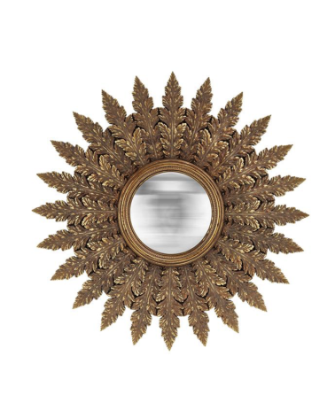 Miroir convexe soleil doré décoratif 40 cm avec feuilles sculptées