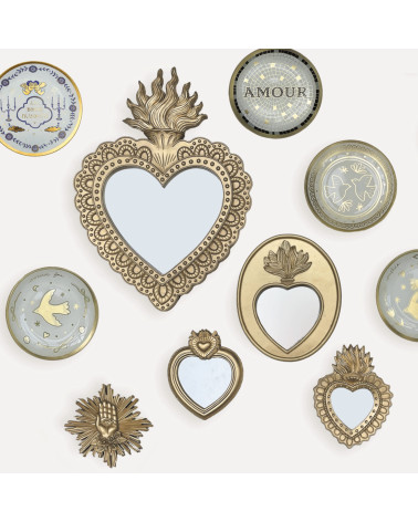 Miroir ex-voto cœur doré à suspendre – décoration murale esprit sacré