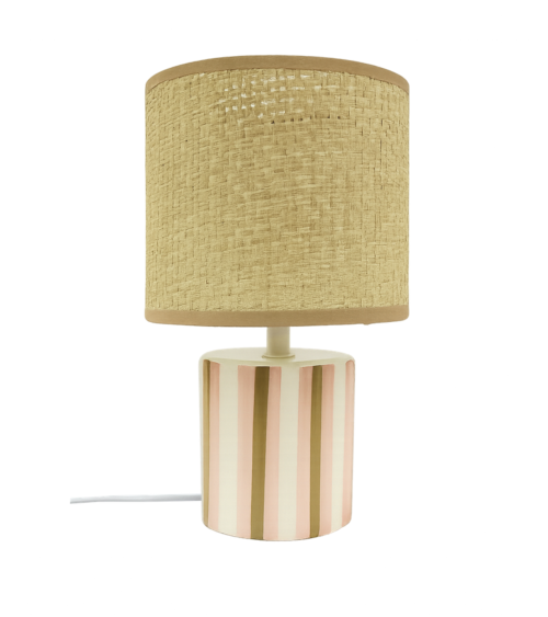 Lampe de table en céramique rayée rose et beige avec abat-jour naturel